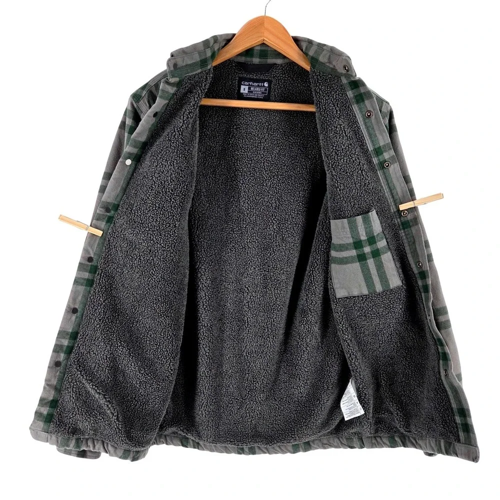 Carhartt Sherpa Lined Flannel Shirt Gray Plaid Outdoor Heavyweight Snap‎ Men's S